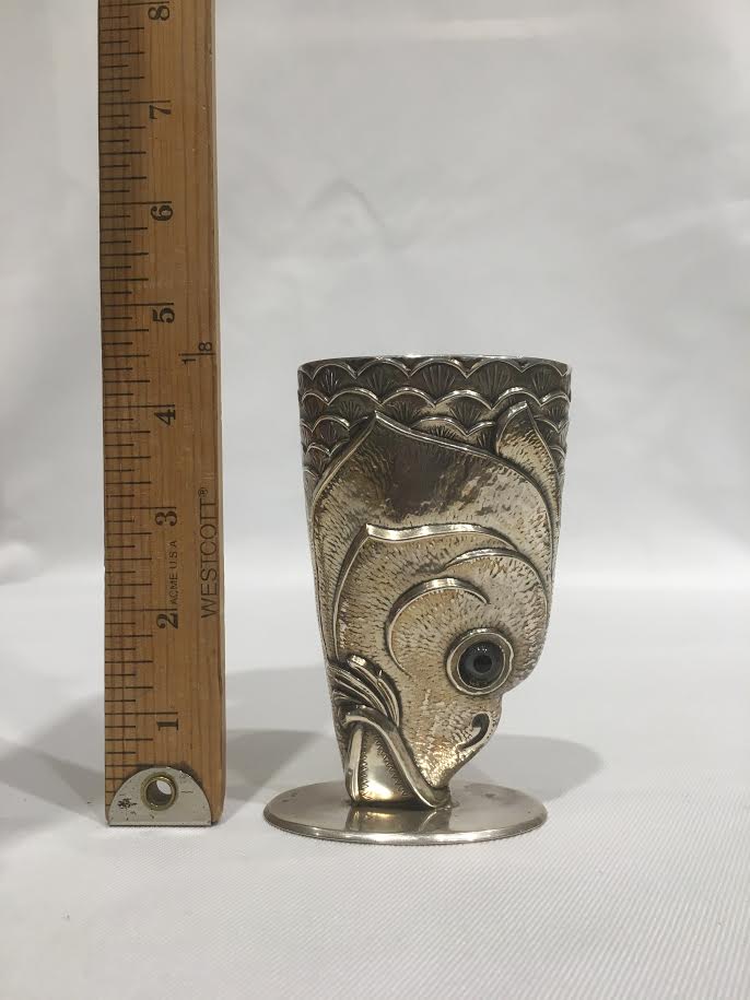 Antique Sterling Silver Fish Head Stirrup-Cup with Glass Eyes