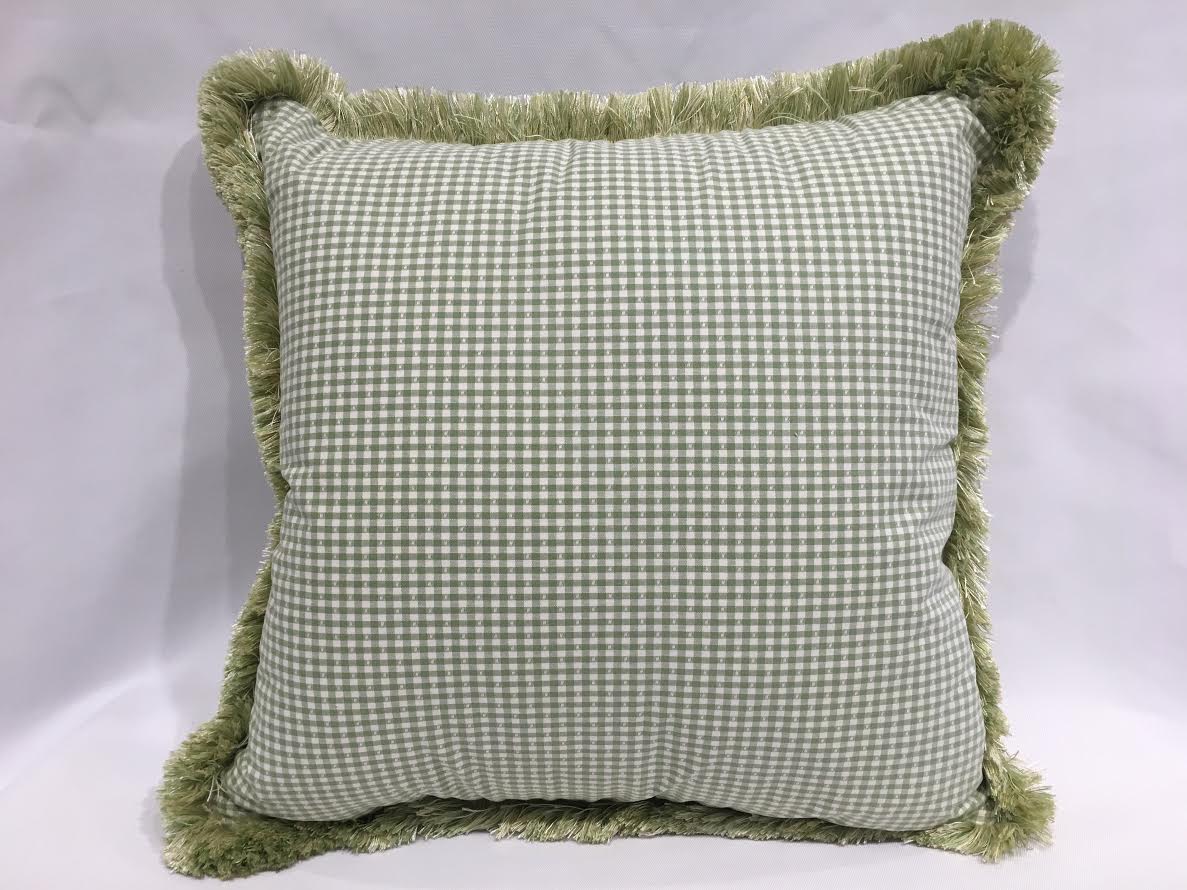 20" Green Gingham Pillow with Brush Fringe