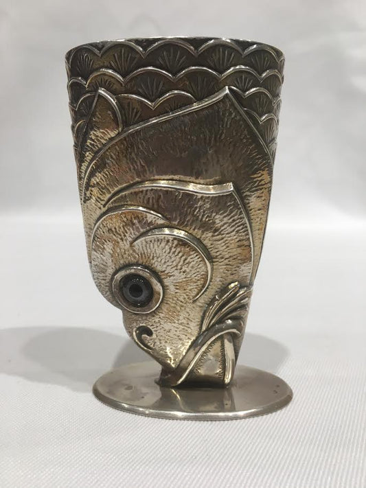 Antique Sterling Silver Fish Head Stirrup-Cup with Glass Eyes