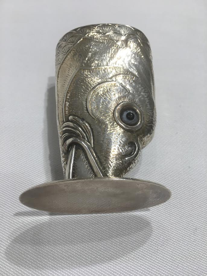 Antique Sterling Silver Fish Head Stirrup-Cup with Glass Eyes